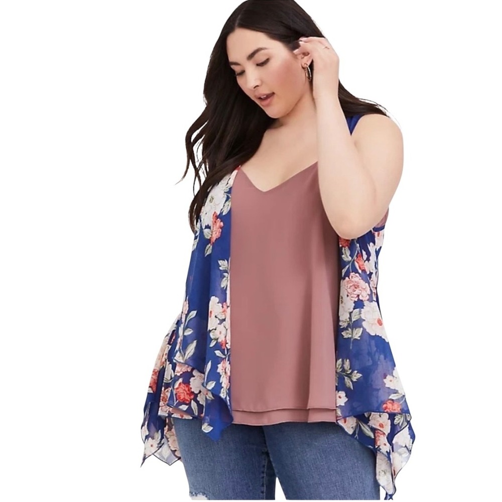 Torrid Blue Floral Chiffon Lace Racerback Sharkbite Vest 1X-2X Plus Festival NEW